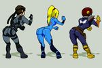  1girl 2boys animated animated_gif artist_request ass ass_shake blonde_hair bodysuit brown_hair captain_falcon crossover f-zero metal_gear_(series) metal_gear_solid metroid multiple_boys samus_aran skin_tight solid_snake super_smash_bros. zero_suit 