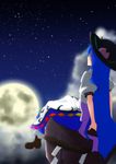  arm_support arms_behind_back blouse blue_hair blurry boots cloud depth_of_field flying food from_behind fruit hat highres hinanawi_tenshi kameyan keystone long_hair looking_away moon night night_sky peach rope sash shimenawa sitting skirt sky solo star_(sky) starry_sky touhou 