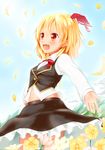  :d belly_peek blonde_hair blue_sky blush bow bowtie collared_shirt day embellished_costume fang field flower flower_field hair_ribbon highres navel open_mouth outstretched_arms petals red_eyes ribbon rumia shiron_(e1na1e2lu2ne3ru3) shirt short_hair sky smile solo spinning touhou vest 