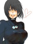  1girl black_eyes black_hair bodysuit breasts gantz gantz_suit happy large_breasts short_hair solo yamasaki_anzu 