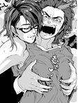  black_hair blush fangs glasses grabbing greyscale grin groping heart hug hug_from_behind kamen_rider kamen_rider_den-o_(series) long_hair male_focus momotaros monochrome multicolored_hair multiple_boys pec_grab pectorals smile spiked_hair sweat tank_top unko_yoshida urataros yaoi 