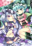  :o aqua_eyes aqua_hair astaroth_(p&amp;d) bare_shoulders bat_wings blush bow braid cat_hair_ornament cauchemar_(p&amp;d) creature demon_girl demon_horns double_bun frilled_shawl frills green_bow hair_ornament haku_(p&amp;d) hat holding horns hoshino jester_cap long_hair multicolored_hair multiple_girls navel one_eye_closed open_mouth over-kneehighs purple_bow purple_eyes purple_hair puzzle_&amp;_dragons shawl short_hair shorts striped tail tail_ornament thighhighs tiger_tail twin_braids two-tone_hair white_hair white_legwear wings yin_yang 