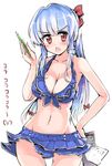  alternate_costume alternate_hairstyle blue_hair blush bow breasts clipboard hair_bow kamishirasawa_keine large_breasts long_hair looking_at_viewer multicolored_hair navel open_mouth pencil ponytail puuakachan red_eyes silver_hair simple_background solo swimsuit touhou translated two-tone_hair white_background 