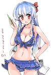  alternate_costume alternate_hairstyle blue_hair blush bow breasts cleavage clipboard hair_bow kamishirasawa_keine large_breasts long_hair looking_at_viewer multicolored_hair navel open_mouth pencil ponytail puuakachan red_eyes revision silver_hair simple_background solo stomach swimsuit touhou translated two-tone_hair white_background 