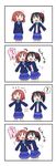  2girls 4koma ? blush_stickers comic fleeing flying_sweatdrops hair_ribbon hug love_live! love_live!_school_idol_project miyako_hito multiple_girls nishikino_maki open_mouth otonokizaka_school_uniform ribbon school_uniform simple_background sleeves_past_wrists spoken_question_mark surprised yazawa_nico |_| 