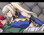  1girl bare_shoulders blonde_hair blue_eyes breast_rest breasts cleavage dutch_angle elbow_gloves gloves large_breasts letterboxed limalisha long_hair madan_no_ou_to_vanadis minarai profile red_hair side_ponytail sleep_molestation sleeping tigrevurmud_vorn 