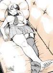  agano_(kantai_collection) barefoot black_hair breasts couch crossed_legs drooling feet garter_straps kantai_collection large_breasts long_hair lying minazuki_tsuyuha miniskirt monochrome on_back rubbing_eyes single_thighhigh skirt sleepy solo thighhighs waking_up 