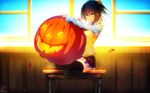  black_hair blue_eyes chuunibyou_demo_koi_ga_shitai! desk frilled_skirt frills furisode_(pixilvina) halloween highres jack-o'-lantern no_eyepatch on_desk one_side_up plaid plaid_skirt pumpkin school_desk school_uniform short_hair sitting sitting_on_desk skirt sweater_vest takanashi_rikka thighhighs 