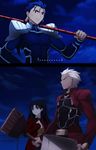  1girl 2boys 2koma archer black_hair blue_hair blurry broom cloud comic dark_skin depth_of_field dustpan earrings fate/stay_night fate_(series) gae_bolg hand_on_own_chest highres jewelry lancer long_hair multiple_boys night over_shoulder pen_(steelleets) red_eyes short_hair sky sweatdrop toosaka_rin weapon weapon_over_shoulder white_hair 