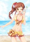  ;d bad_id bad_pixiv_id beach bikini bikini_skirt bottle bottle_to_cheek breasts brown_hair cleavage cloud cowboy_shot day flower frilled_bikini frills front-tie_top hair_flower hair_ornament halterneck hibiscus highres horizon idolmaster idolmaster_cinderella_girls igarashi_kyouko medium_breasts navel ocean one_eye_closed open_mouth paopao sand side_ponytail smile swimsuit water_bottle yellow_bikini 