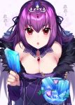  1girl bangs bare_shoulders blush bowl breasts cleavage detached_collar dress fate/grand_order fate_(series) flower food fur_trim gendo0032 hair_between_eyes hair_ribbon ice ice_cube jewelry large_breasts long_hair looking_at_viewer open_mouth pendant popsicle purple_dress purple_hair red_eyes ribbon scathach_(fate)_(all) scathach_skadi_(fate/grand_order) solo tiara wide_sleeves 
