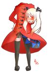  bike_shorts blonde_hair blush coat disembodied_head dullahan full_body hand_on_hip holding_head konzu_mei long_hair original red_coat red_eyes signature simple_background slit_pupils solo standing thighhighs twintails white_background 