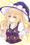  :d blonde_hair blush bow braid cropped_arms fang grin hat hat_bow highres kirisame_marisa long_hair mimoto_(aszxdfcv) no_legs open_mouth side_braid smile solo touhou upper_body v-shaped_eyebrows white_bow witch_hat yellow_eyes 