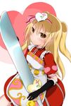  blonde_hair blush bow cosmic_break dress hair_bow hair_ornament heart knife kotoka_(purin2) md5_mismatch solo sword sylvia_(cosmic_break) twintails valentine weapon yellow_eyes 