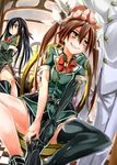  admiral_(kantai_collection) arms_between_legs black_gloves black_hair black_legwear breasts brown_hair chikuma_(kantai_collection) gloves green_shirt grin hair_ribbon kantai_collection long_hair looking_at_another medium_breasts military military_uniform multiple_girls no_panties pelvic_curtain petting remodel_(kantai_collection) ribbon shirt side_slit single_glove single_thighhigh sitting smile spread_legs standing thighhighs tone_(kantai_collection) toyo_(toyozine2009) twintails uniform very_long_hair white_ribbon yellow_eyes 