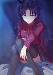  aqua_eyes between_fingers black_legwear blush bow fate/stay_night fate_(series) gem hair_bow long_hair long_sleeves purple_hair shirt skirt solo thighhighs toosaka_rin two_side_up very_long_hair walzrj zettai_ryouiki 