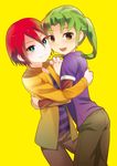  2boys blush brown_eyes child green_eyes green_hair heart hug inazuma_eleven inazuma_eleven_(series) inazuma_eleven_go jacket kik kiyama_hiroto looking_at_viewer male_focus midorikawa_ryuuji multiple_boys open_mouth pants ponytail red_hair shirt short_hair simple_background smile standing t-shirt yaoi 