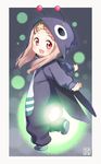  animal_costume antennae aoba_kokona blush braid brown_hair cosplay firefly_costume flower glowing hair_flower hair_ornament hairclip kigurumi kito_(sorahate) long_hair looking_at_viewer open_mouth outstretched_arms pajamas red_eyes shoes smile solo spread_arms wings yama_no_susume younger 