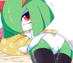  ass bed_sheet blush embarrassed female kirlia looking_at_viewer looking_back mizone panties pillow pokemon redraw solo sweat thighhighs trefoil underwear 