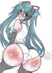  aqua_eyes aqua_hair ass blush female hatsune_miku huge_ass long_hair looking_at_viewer looking_back niwakaame_(amayadori) panties simple_background solo spanked tears thighhighs trembling twintails underwear vocaloid white_background 