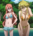  2girls akame_ga_kill! bikini blonde_hair breasts brown_hair candy chelsea_(akame_ga_kill!) cleavage large_breasts leone leone_(akame_ga_kill!) lollipop long_hair looking_at_viewer medium_breasts multiple_girls open_mouth red_eyes smile square_enix standing stitched swimsuit thighs yellow_eyes 