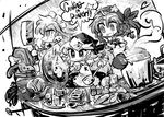  apron bandana bow braid cooking english food greyscale hair_bow hong_meiling izayoi_sakuya kirisame_marisa knife long_hair maid_headdress meat mini-hakkero monochrome multiple_girls mundane_utility open_mouth pot ribbon short_hair smile star star-shaped_pupils symbol-shaped_pupils tongue tongue_out touhou twin_braids yt_(wai-tei) 