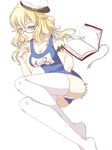 achikoako blonde_hair blush book glasses hat i-8_(kantai_collection) kantai_collection looking_at_viewer one-piece_swimsuit red-framed_eyewear school_swimsuit solo swimsuit thighhighs twintails white_legwear 