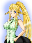  animal_ears blonde_hair blue_eyes breasts centaur centorea_shianus hands_on_hips horse_ears impossible_clothes impossible_shirt kaneri large_breasts long_hair monster_girl monster_musume_no_iru_nichijou pointy_ears ponytail shirt skirt sleeveless smile solo very_long_hair 