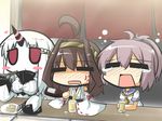  =_= ahoge alcohol aoba_(kantai_collection) bare_shoulders beer blank_eyes blush breasts brown_hair claws comic commentary crying detached_sleeves double_bun dress eating goma_(gomasamune) hair_ornament hairband headgear horn horns japanese_clothes kantai_collection kongou_(kantai_collection) large_breasts long_hair multiple_girls nontraditional_miko open_mouth pale_skin ponytail purple_hair red_eyes ribbed_dress school_uniform seaport_hime serafuku shinkaisei-kan short_hair table tears upper_body very_long_hair white_hair 