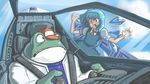  against_glass blue_eyes blue_hair bow cirno crossover frog hair_bow hat highres pilot piloting profitshame slippy_toad snowflakes star_fox steam touhou wings 