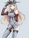  arms_behind_back bismarck_(kantai_collection) blonde_hair blue_eyes blush bottomless cowboy_shot elbow_gloves gloves grey_legwear hand_on_headwear hat kantai_collection long_hair military military_uniform peaked_cap silver_background simple_background solo thighhighs tokoi uniform very_long_hair 