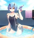  alternate_costume bad_id bad_pixiv_id blue_hair blush clothes cloud cloudy_sky competition_swimsuit day grin heterochromia highres horns hose io_(pso2) muryotaro one-piece_swimsuit phantasy_star phantasy_star_online_2 pool short_hair sky smile swimsuit tattoo towel water water_gun 
