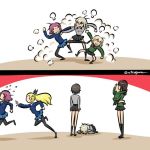  2koma 6+girls =3 all_fours anger_vein assam black_footwear black_hair black_legwear black_ribbon black_skirt blonde_hair blue_skirt blue_sweater bowing brown_hair chasing child_carry clothes_grab comic commentary dress_shirt dust_cloud faceless faceless_female fighting flying_sweatdrops frown fume girls_und_panzer green_jacket grey_shirt grimace hair_pulled_back hair_ribbon hand_on_another&#039;s_head itsumi_erika jacket katyusha kicking kogane_(staygold) kuromorimine_school_uniform leaning_forward long_hair long_sleeves looking_at_another lowres miniskirt multiple_girls nishizumi_maho nonna orz pantyhose pleated_skirt pravda_school_uniform punching reaching_out red_hair ribbon rosehip running school_uniform seiza shadow shirt shoes short_hair sitting skirt socks st._gloriana&#039;s_school_uniform standing sweater twitter_username white_shirt 