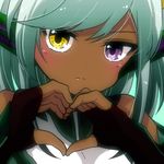  bangs bare_shoulders black_gloves blush dark_skin dragon_girl elbow_gloves face fingerless_gloves frown gloves green_background green_sonia_(p&amp;d) halterneck hands head_fins heart heart_hands heterochromia highres long_hair looking_at_viewer pikomarie purple_eyes puzzle_&amp;_dragons silver_hair solo sonia_(p&amp;d) swept_bangs turtleneck upper_body vambraces yellow_eyes 