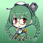  backpack bag blush braid chibi dress eruru_(erl) glasses gradient gradient_background green-framed_eyewear green_background green_dress green_hair hairband highres holding long_hair long_sleeves ole_tower open_mouth outline red_eyes smile socket_wrench socket_wrench_(ole_tower) socket_wrench_m36_(ole_tower) solo twin_braids 