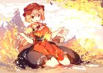  aki_minoriko apron autumn autumn_leaves blonde_hair breasts food fruit grapes hat large_breasts open_mouth red_eyes shirt sitting skirt smile solo touhou wide_sleeves yetworldview_kaze 