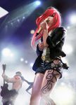  1girl alternate_costume belt doll garen_crownguard green_eyes guitar highres instrument katarina_du_couteau league_of_legends long_hair microphone open_mouth red_hair scar scarf scarf_over_mouth shirtless short_hair tattoo zippo514 