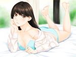  ass bad_id bad_pixiv_id barefoot blush bra breasts brown_eyes brown_hair cleavage hands_on_own_cheeks hands_on_own_face jacket large_breasts lips long_hair lying nayuta69 on_stomach original panties smile solo the_pose underwear 