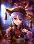  absurdres angel_beats! balance_scale bangs bespectacled capelet eyebrows_visible_through_hair fingernails focused frills glasses goto_p hat hat_feather highres holding holding_spoon indoors japanese_clothes jar lavender_hair libra long_hair long_sleeves plaid purple_hair red-framed_eyewear round_eyewear silver_hair spoon tassel teaspoon tenshi_(angel_beats!) upper_body weighing_scale window yellow_eyes 