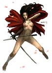  2007 bad_deviantart_id bad_id black_eyes black_hair breasts breasts_apart coat dcwj full_body highres katana long_hair naked_coat navel nipples open_clothes open_coat original petals pubic_hair pussy red_coat samurai sheath signature simple_background small_breasts solo sword tattoo weapon white_background 
