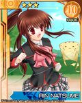  bow brown_hair card_(medium) character_name doruji kite little_busters! long_hair miyoshi_yun natsume_rin pink_bow ponytail red_eyes school_uniform solo 