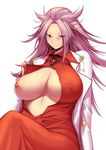 1girl areolae blush breasts breasts_outside curvy erect_nipples hakai_shin jun'you_(kantai_collection) kantai_collection large_breasts long_hair nipples open_clothes pink_eyes pink_hair sitting smile white_background 