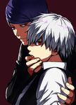  biting blood blue_hair finger_biting formal hand_on_another's_face kaneki_ken multiple_boys necktie red_eyes shiromi_(ringo) short_hair smile suit tokyo_ghoul tsukiyama_shuu vest white_hair 