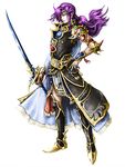  androgynous armor belt boots ceramic_man circlet earrings faris_scherwiz final_fantasy final_fantasy_v full_body green_eyes hair_over_one_eye highres holding jewelry knee_boots long_coat long_hair md5_mismatch ponytail purple_hair reverse_trap solo standing sword weapon white_background 