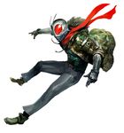  1boy antennae camouflage helmet highres jacket jumping kamen_rider kamen_rider_black kamen_rider_black_(series) kamen_rider_black_rx kamen_rider_black_rx_(series) kekai_kotaki red_scarf scarf solo 