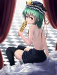  back bed black_legwear blue_eyes breasts canopy_bed green_hair hat hat_ribbon legs nuka_(nvkka) on_bed revision ribbon rod_of_remorse shiki_eiki sideboob sitting sitting_on_bed skirt small_breasts solo thighhighs topless touhou zettai_ryouiki 
