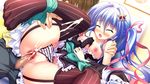  1girl blood blue_hair blush censored collarbone cum elbow_gloves eyes_closed game_cg gloves hair_ornament long_hair luluna magical_marriage_lunatics!! moonstone open_mouth ornament panties penis striped striped_panties thighhighs twintails underwear virgin yamakaze_ran 