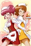  aino_megumi blush bow bowtie brown_eyes brown_hair dress eyelashes hair_ornament happinesscharge_precure! happy hikari_(mitsu_honey) long_hair looking_at_viewer maid multiple_girls one_eye_closed oomori_yuuko open_mouth pink_eyes pink_hair ponytail precure short_hair smile standing 