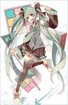  character_name detached_sleeves flag fuuko_(2679566944) green_eyes green_hair hair_ribbon hatsune_miku highres long_hair necktie open_mouth ribbon rubik's_cube skirt solo thighhighs twintails very_long_hair vocaloid 