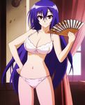  1girl animated animated_gif blue_hair bra breasts fan female kurokami_medaka large_breasts long_hair looking_at_viewer medaka_box navel panties purple_hair red_eyes smile solo underwear 